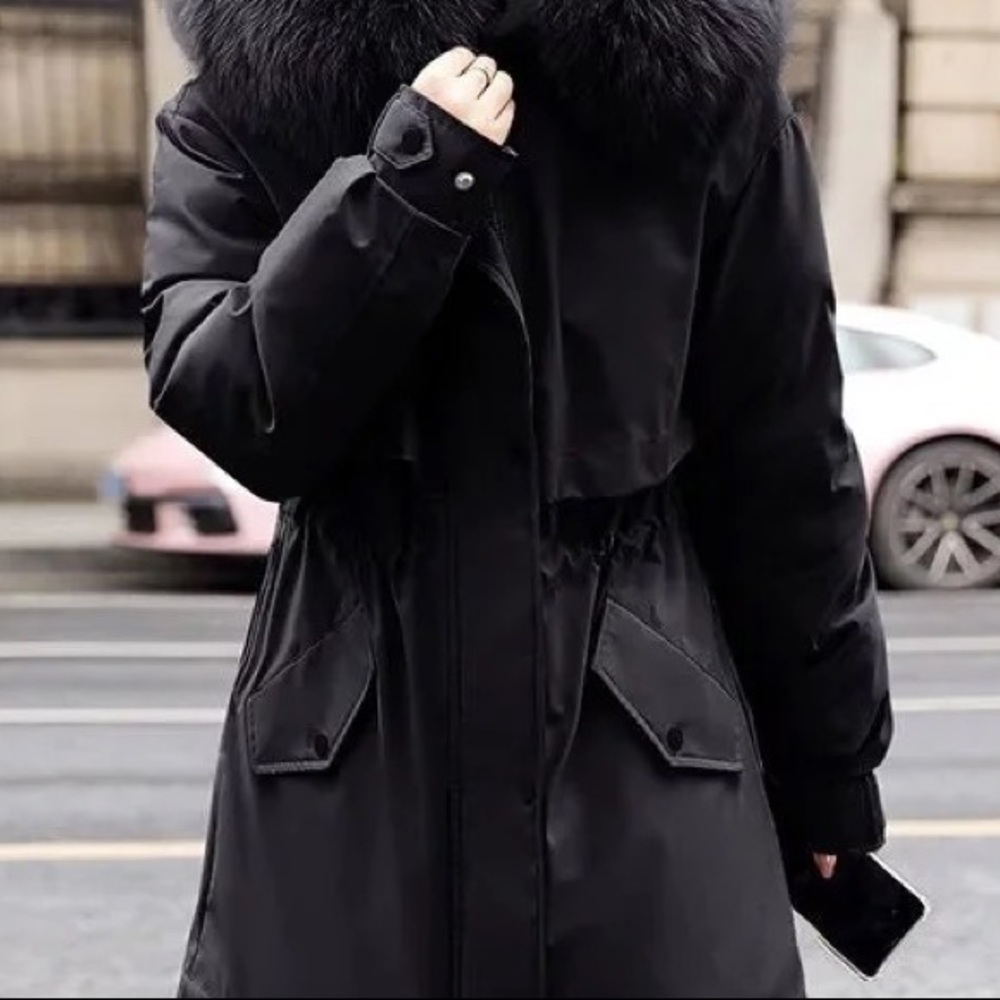 Black Faux Fur Warm Parka Wind Breaker Fleece Lined Hood Raincoat Coat Jacket - Picture 6 of 15